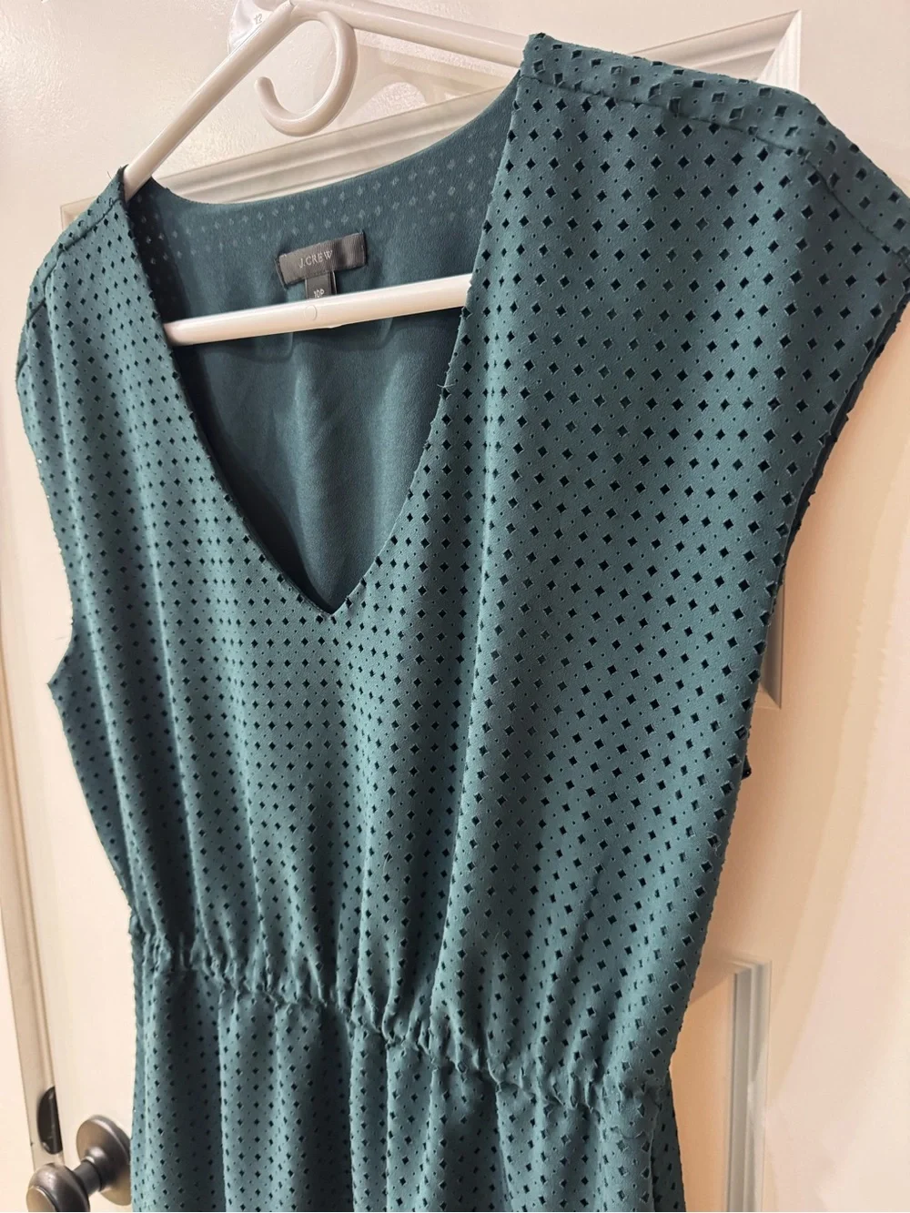 J. Crew Forest Green V-Neck Midi Dress with Subtle Dot Detail